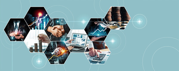 Futuristic business digital financial data technology concept for future big data analytic and business intelligence research for businessman analyst invest decisions making panoramic banner kudos