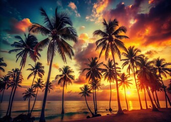 Vintage Tropical Twilight: Palm Trees Silhouetted Against a Vibrant Sunset