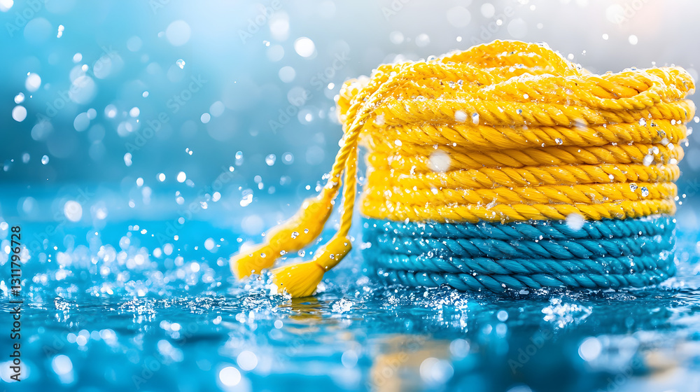 Poster a vibrant, yellow and blue rope lies on a wet surface, surrounded by sparkling droplets, creating a 