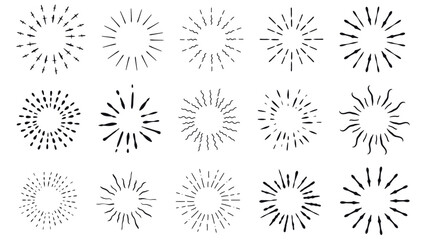 Sun graphic elements doodle sketch style. Set of round outlines sun, explosion, light burst. Sloppy hand drawn line art illustration, vector graphic