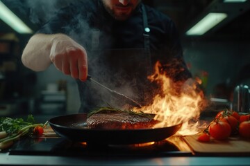 Cook prepares steak with rosemary in a restaurant kitchen with fresh vegetables and herbs in cold light