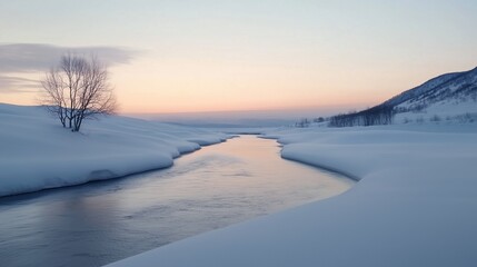 A river with a tree in the foreground. The sky is a beautiful orange and pink color. The snow is white and covers the ground