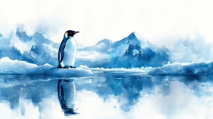 Obraz premium A charming watercolor illustration of a penguin standing on an ice floe, surrounded by a tranquil icy landscape, capturing the beauty of nature
