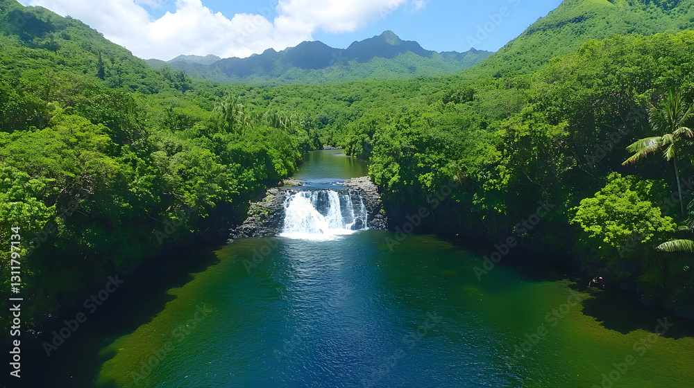 Poster a serene landscape featuring a waterfall cascading into a clear river, surrounded by lush greenery a