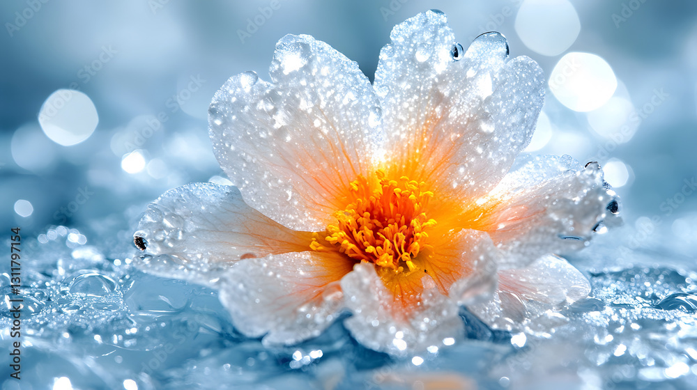 Poster a delicate flower with orange center sits on a watery surface, adorned with droplets, creating a ser