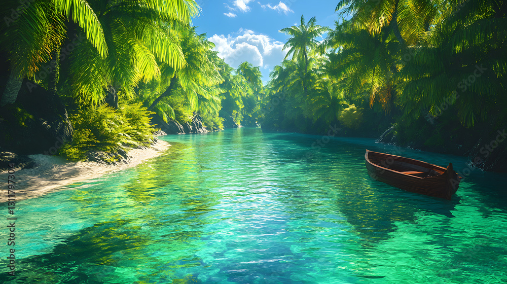 Poster a serene tropical scene featuring a calm, clear waterway surrounded by lush greenery and a small woo