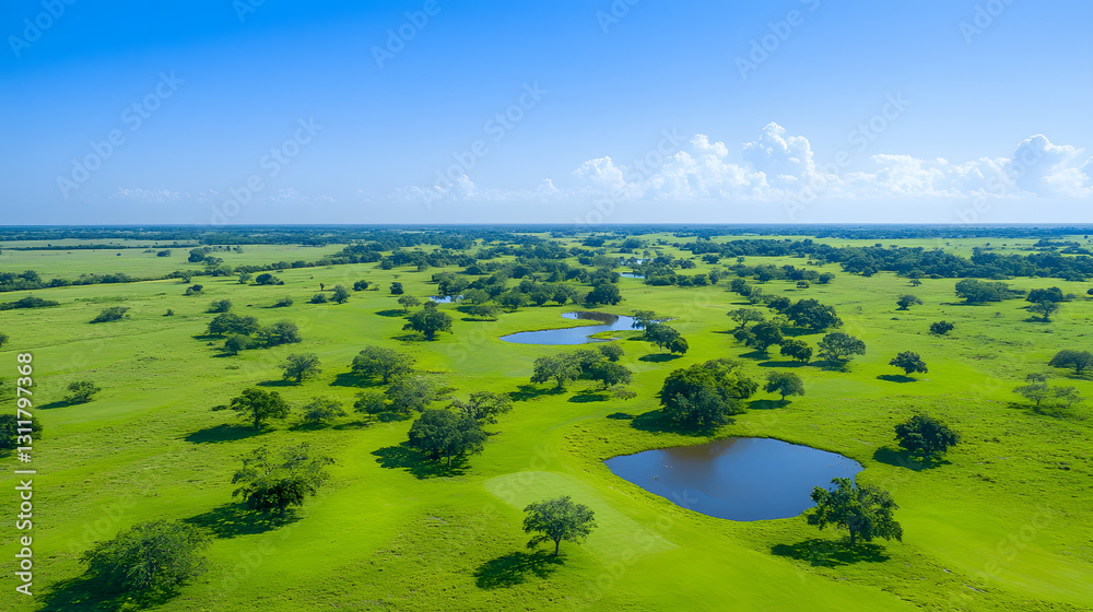Poster aerial view of lush green fields with ponds under a clear blue sky, showcasing a serene and vibrant 