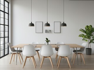 Modern meeting room with minimalistic design and natural light.