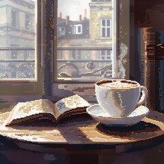 Sunlight filters through a window onto a wooden table, showcasing a steaming cup of coffee beside an open book, creating a warm, inviting atmosphere perfect for a quiet morning