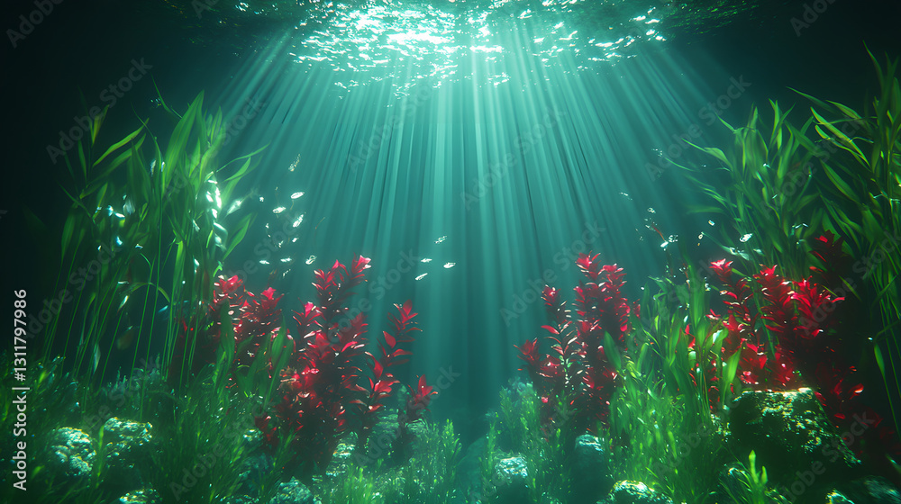Poster A tranquil underwater scene featuring colorful plants and rays of light filtering through the water, creating a serene aquatic atmosphere