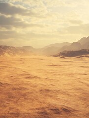 Golden hues illuminate desolate plains meeting hazy mountain ranges