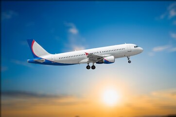 Commercial airplane flying in blue sky, preparing for landing.