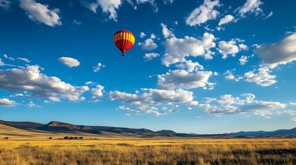 Obraz premium Hot air balloon soaring over vast golden field under a vibrant blue sky with fluffy clouds.
