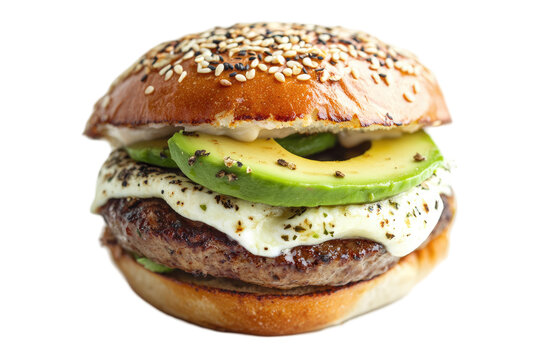 Juicy gourmet burger with avocado and melted cheese on a sesame seed bun, isolated on white. PNG transparent background 
