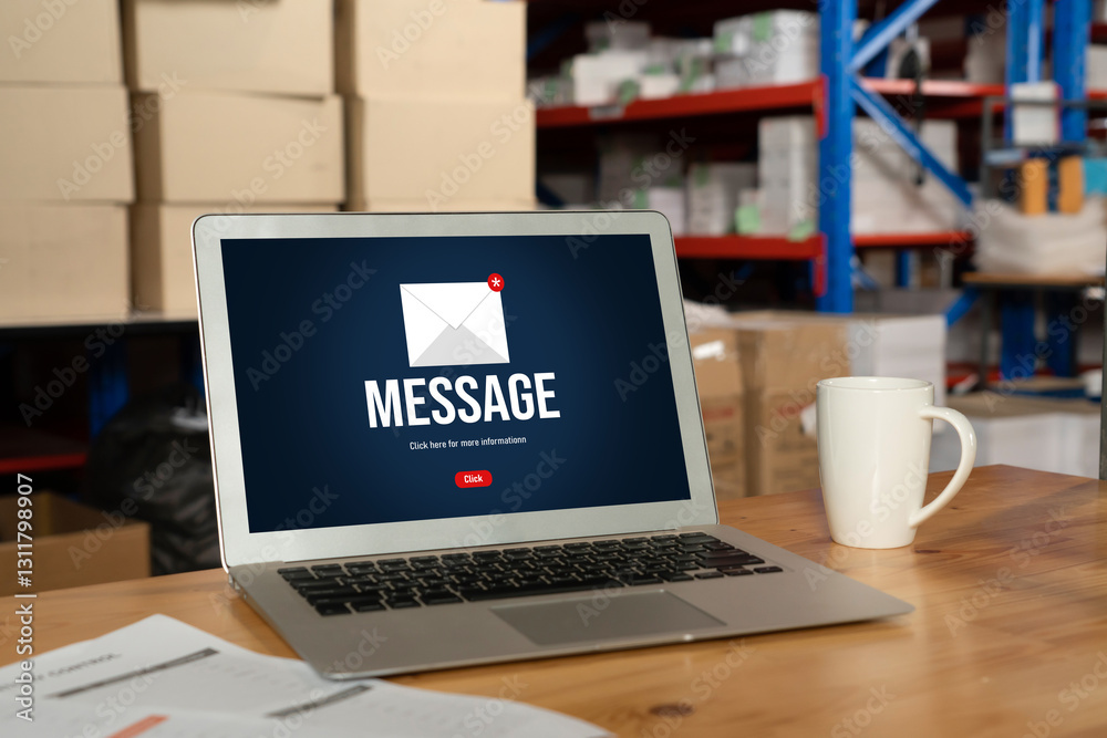 Poster email notification message showing on computer screen snugly. digital marketing message information 