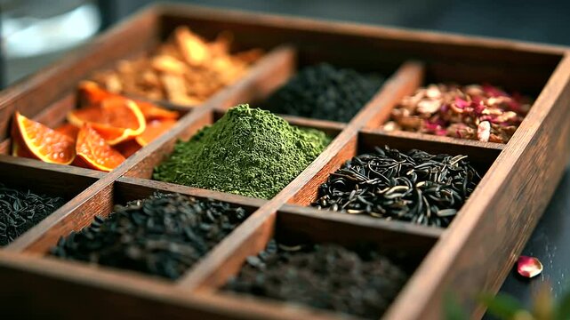 A delicate and artistic presentation of an open wooden tea box containing an assortment of premium teas. Finely ground matcha powder, whole black tea leaves, and dried orange peels