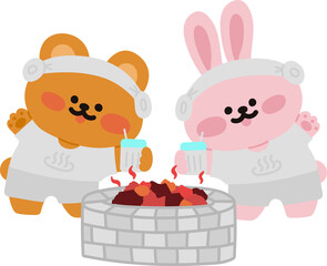 찜질방 데이트를 하는 곰돌이와 토끼 캐릭터 