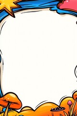 Colorful frame with mushrooms and sky background, blank copy space for content insertion or display