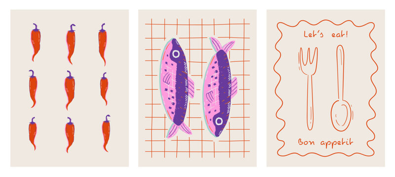 Naklejki Set of abstract food posters with fish, chili peppers, spoon and fork. Contemporary art prints in colorful trendy style. Dinner party wall art. Vector graphic
