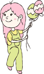Doodle Outline of Cute Girl Flying with Balloons