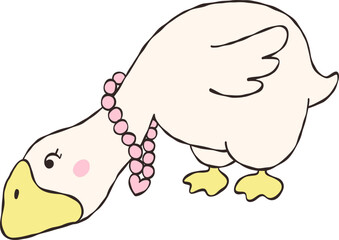 Doodle Outline of Cute Goose and Pearl Necklace
