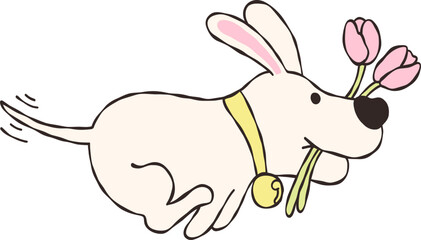 Doodle Outline of Cute Dog Running with a Flower in its Mouth