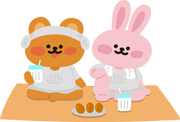 찜질방 데이트를 하는 곰돌이와 토끼 캐릭터 