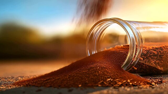 A glass jar tipped over, spilling delicate rooibos tea leaves onto a sandy desert backdrop. The golden red hues of the tea contrast with the warm tones of the environment.