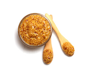 bowl with mustard seeds sauce on white background