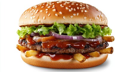 Craft Burger with Caramelized Onions, Lettuce, and Bacon