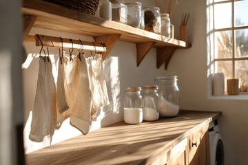 Zero-waste laundry room with natural cleaning supplies and wooden drying rack