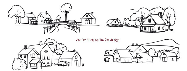 illustration of farmhouses. Vector silhouette set 