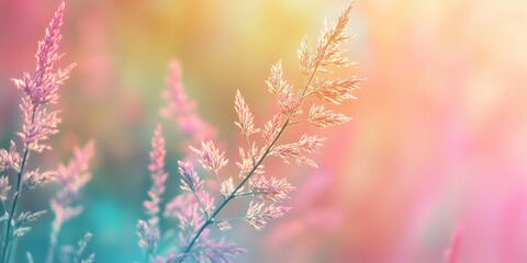 Fototapeta premium Beautiful vibrant pastel background with colorful grass, close up. Pastel background, ample copy space for text, for cosmetics, spa, perfume, beauty salon, florist shop.