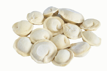 Dumplings with meat ready for cooking lie on a white background.