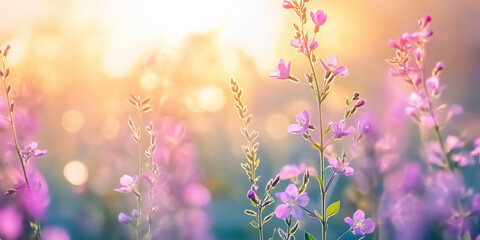 Beautiful dreamy flowers in the meadow, with a colorful background. The blurred background creates a dreamy effect for cosmetics, spa, perfume, beauty salon, florist shop, invitation, gift card