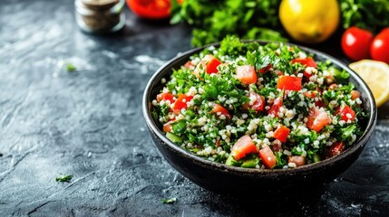 A fresh bowl of tabbouleh salad with bulgur wheat, parsley, tomatoes, and lemon dressing.