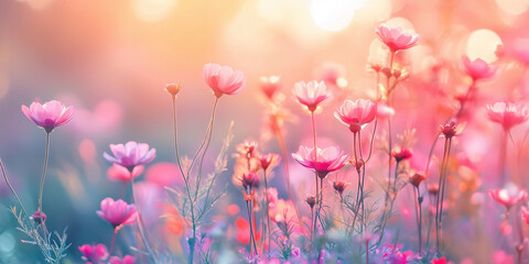 Obraz premium Beautiful dreamy flowers in the meadow, with a colorful background. The blurred background creates a dreamy effect for cosmetics, spa, perfume, beauty salon, florist shop, invitation, gift card