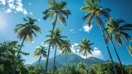 Tall palm trees under a bright blue sky.