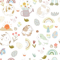 Seamless pattern with hand drawn bunny eggs and plants.