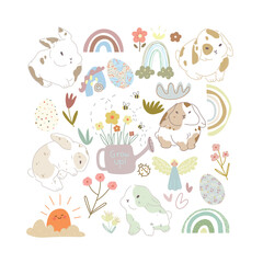 Cute hand drawn Easter set with bunny, plants, rainbows, cartoon world. Vector illustration for kids.
