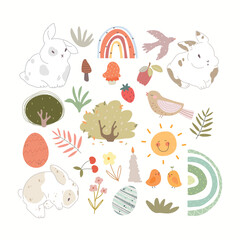 Cute hand drawn Easter set with bunny, plants, rainbows, cartoon world. Vector illustration for kids.