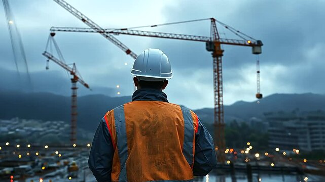 A massive thunderstorm crashes down on a construction site as a worker stands motionless, deep in thought. His waterproof jacket is drenched, but he remains focused on the structur