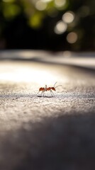 Obraz premium Ant walking on a sunlit surface during a warm afternoon
