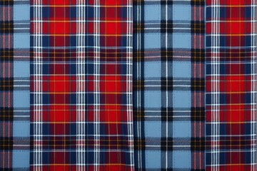 a close up of a plaid fabric with a red and blue design