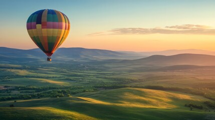 Fototapeta premium A colorful hot air balloon floating over a vast green valley at sunrise