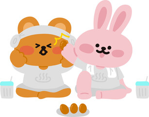 찜질방 데이트를 하는 곰돌이와 토끼 캐릭터 