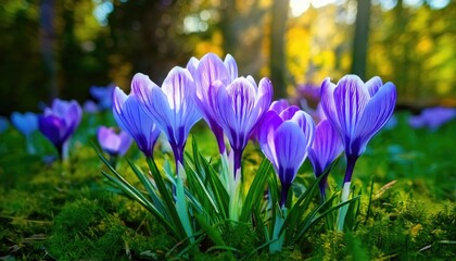 A beautiful cluster of purple crocus flowers blooming in a sunlit forest with a mossy green floor.