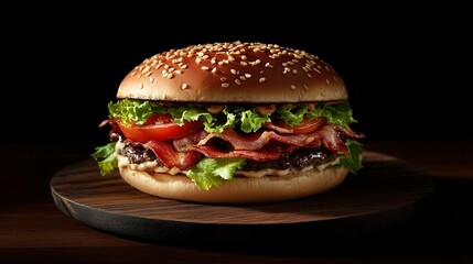 Large Grilled Burger with Crispy Bacon and Fresh Lettuce