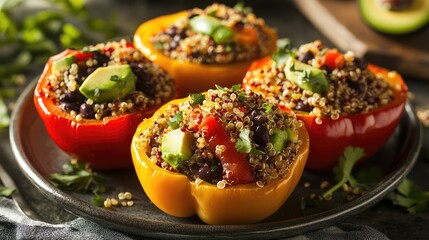 A plate of stuffed bell peppers filled with quinoa, black beans, and avocado.