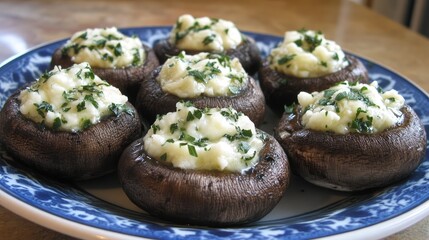 Fototapeta premium A plate of stuffed mushrooms with garlic, cheese, and fresh herbs.